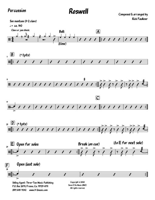 Roswell V.1 percussion (Download) Latin jazz printed sheet music www.3-2music.com composer and arranger Rick Faulkner little big band instrumentation