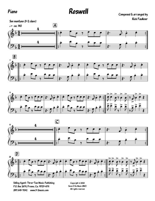 Roswell V.1 piano (Download) Latin jazz printed sheet music www.3-2music.com composer and arranger Rick Faulkner little big band instrumentation