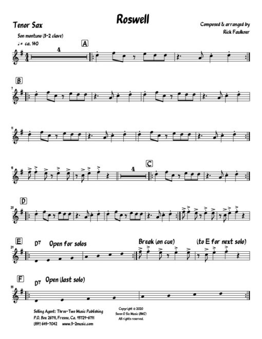 Roswell V.1 tenor (Download) Latin jazz printed sheet music www.3-2music.com composer and arranger Rick Faulkner little big band instrumentation