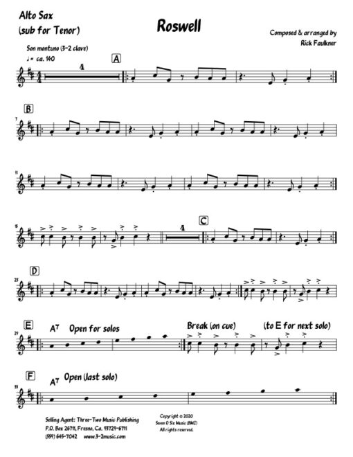 Roswell V.1 tenor sub. (Download) Latin jazz printed sheet music www.3-2music.com composer and arranger Rick Faulkner little big band instrumentation