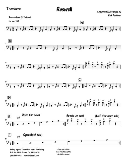 Roswell V.1 trombone (Download) Latin jazz printed sheet music www.3-2music.com composer and arranger Rick Faulkner little big band instrumentation