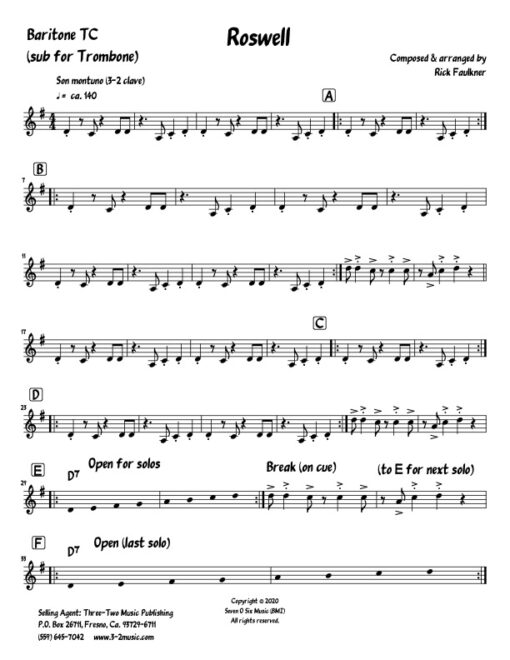 Roswell V.1 trombone sub. (Download) Latin jazz printed sheet music www.3-2music.com composer and arranger Rick Faulkner little big band instrumentation