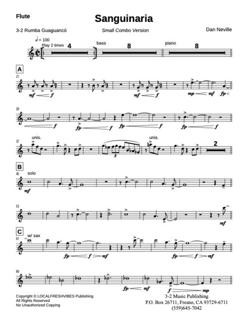 Sanguinaria CB flute (Download) Latin jazz printed sheet music www.3-2music.com composer and arranger Dan Neville jazz big band orchestra