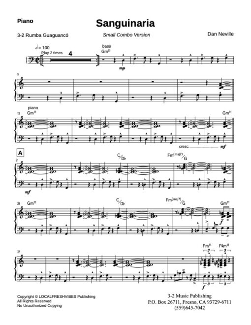Sanguinaria CB piano (Download) Latin jazz printed sheet music www.3-2music.com composer and arranger Dan Neville jazz big band orchestra