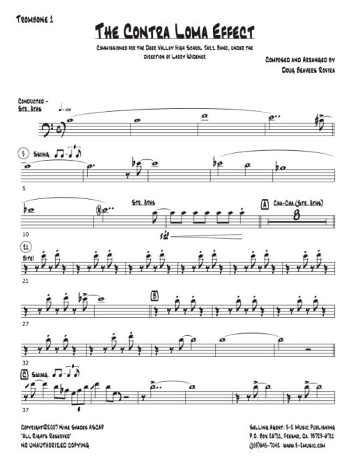 The Contra Loma Effect trombone 1 (Download) Latin jazz printed sheet music www.3-2 music.com composer and arranger Doug Beavers big band 4-4-5