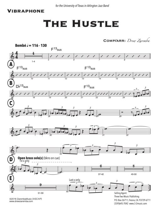 The Hustle vibraphone (Download) Latin jazz printed sheet music composer and arranger Drew Zaremba big band 4-4-5 instrumentation bembé rhythm