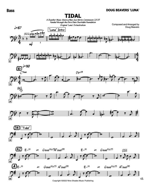 Tidal V.2 bass (Download) Latin jazz printed sheet music www.3-2music.com composer and arranger Doug Beavers combo (tentet) instrumentation