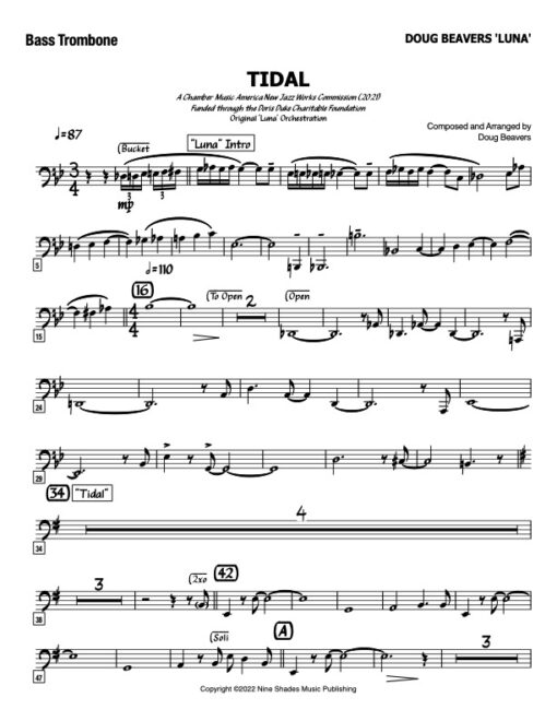 Tidal V.2 bass trombone (Download) Latin jazz printed sheet music www.3-2music.com composer and arranger Doug Beavers combo (tentet) instrumentation