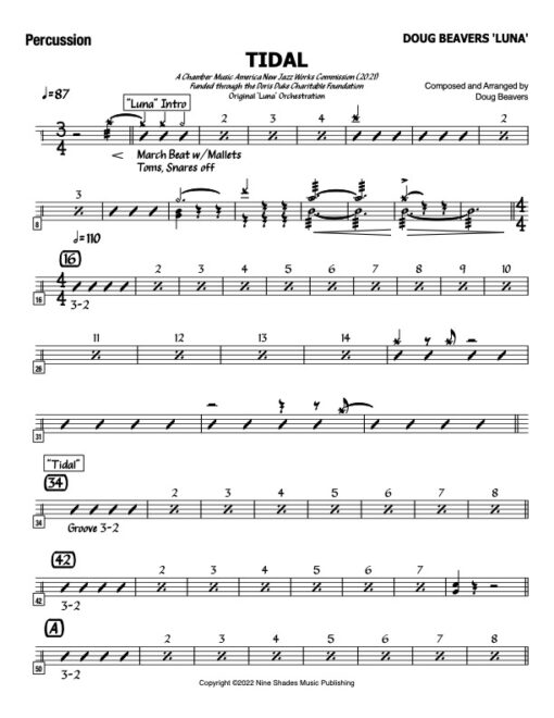 Tidal V.2 percussion (Download) Latin jazz printed sheet music www.3-2music.com composer and arranger Doug Beavers combo (tentet) instrumentation