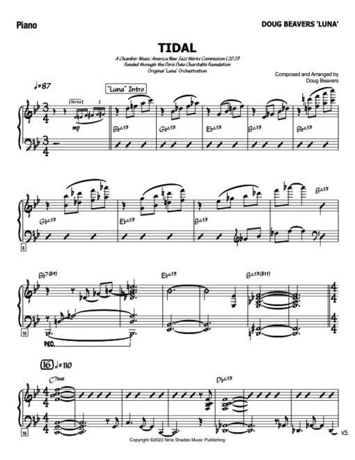 Tidal V.2 piano (Download) Latin jazz printed sheet music www.3-2music.com composer and arranger Doug Beavers combo (tentet) instrumentation
