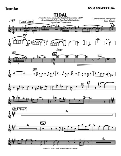 Tidal V.1 tenor (Download) Latin jazz printed sheet music www.3-2music.com composer and arranger Doug Beavers combo (tentet) instrumentation
