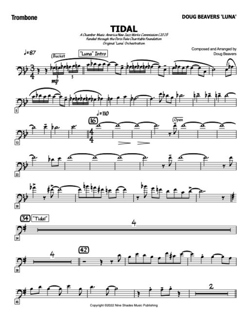 Tidal V.1 trombone (Download) Latin jazz printed sheet music www.3-2music.com composer and arranger Doug Beavers combo (tentet) instrumentation