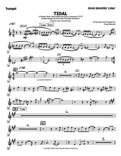 Tidal V.1 trumpet (Download) Latin jazz printed sheet music www.3-2music.com composer and arranger Doug Beavers combo (tentet) instrumentation