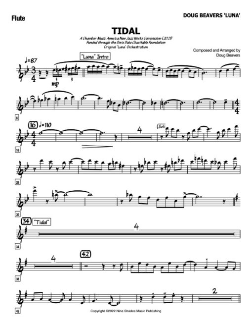 Tidal V.2 flute (Download) Latin jazz printed sheet music www.3-2music.com composer and arranger Doug Beavers combo (tentet) instrumentation