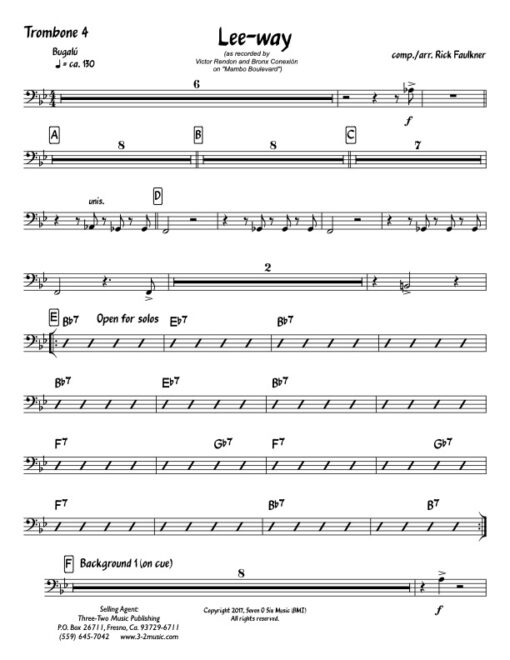 Lee-Way trombone 4 (Download) Latin jazz printed sheet music composer and arranger Rick Faulkner big band 4-4-5 instrumentation bugalú rhythm