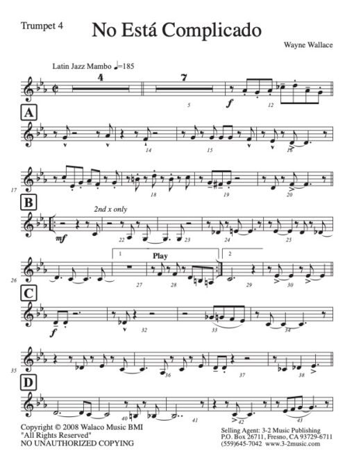 No Esta Complicado trumpet 4 (Download) Latin jazz printed sheet music www.3-2music.com composer and arranger Wayne Wallace big band (4-4-5)