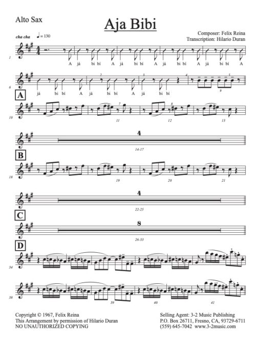 Aja Bibi alto (Download) Latin jazz printed sheet music www.3-2music.com composer and arranger Felix Reina little big band instrumentation