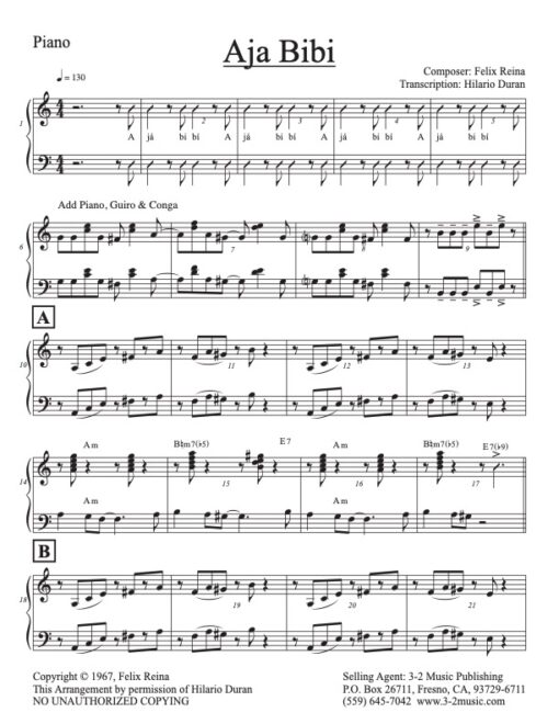 Aja Bibi piano (Download) Latin jazz printed sheet music www.3-2music.com composer and arranger Felix Reina little big band instrumentation