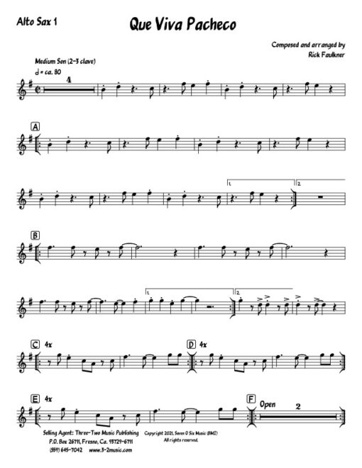 Que Viva Pacheco alto 1 (Download) Latin jazz printed sheet music composer and arranger Rick Faulkner big band 4-4-5 instrumentation