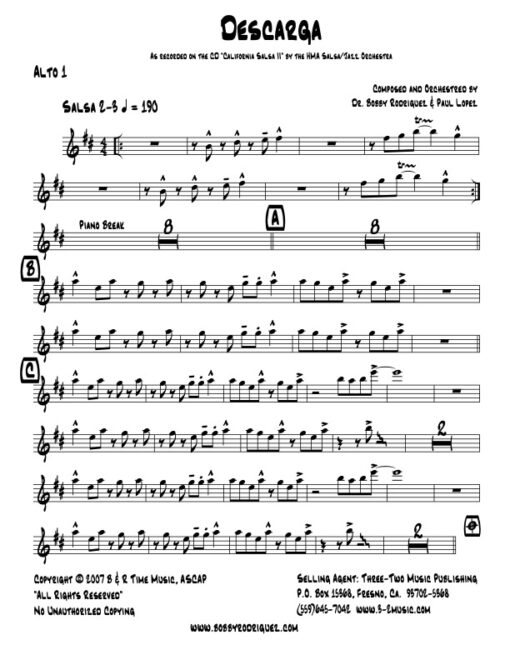 Descarga alto 1 (Download) Latin jazz printed sheet music www.3-2music.com composer and arranger Bobby Rodriguez big band 4-4-5 instrumentation