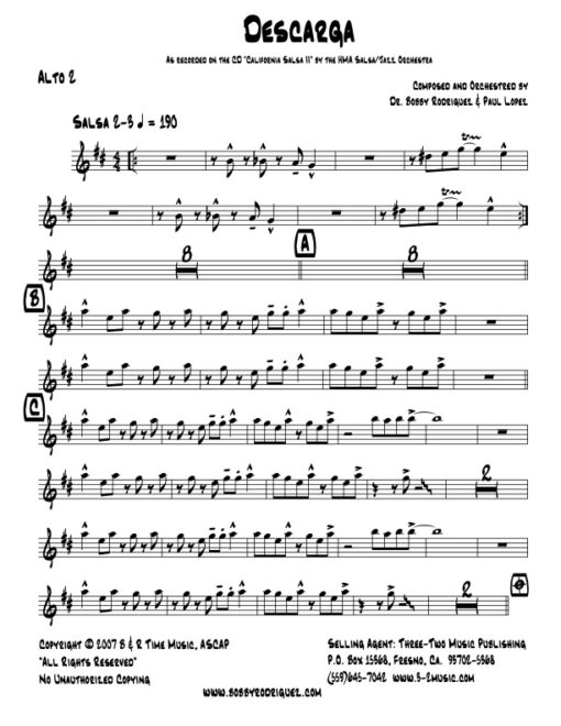 Descarga alto 2 (Download) Latin jazz printed sheet music www.3-2music.com composer and arranger Bobby Rodriguez big band 4-4-5 instrumentation