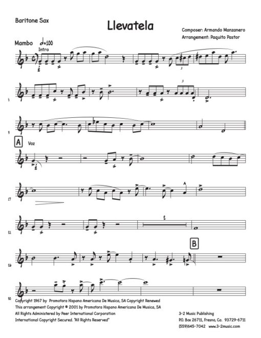 Llevatela baritone (Download) Latin jazz sheet music www.3-2music.com composer and arranger Armando Manzanero combo (nonet) instrumentation
