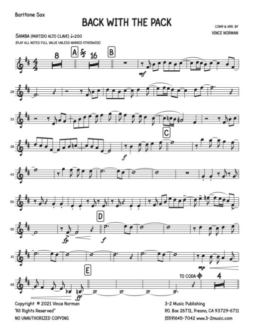 Back With The Pack V.1 baritone (Download) Latin jazz printed sheet music composer and arranger Vince Norman big band 4-4-5 instrumentation