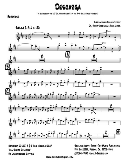 Descarga baritone (Download) Latin jazz printed sheet music www.3-2music.com composer and arranger Bobby Rodriguez big band 4-4-5 instrumentation