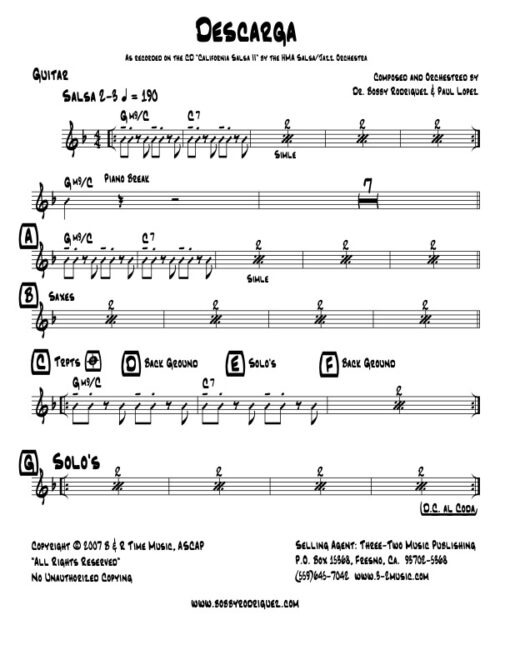 Descarga guitar (Download) Latin jazz printed sheet music www.3-2music.com composer and arranger Bobby Rodriguez big band 4-4-5 instrumentation