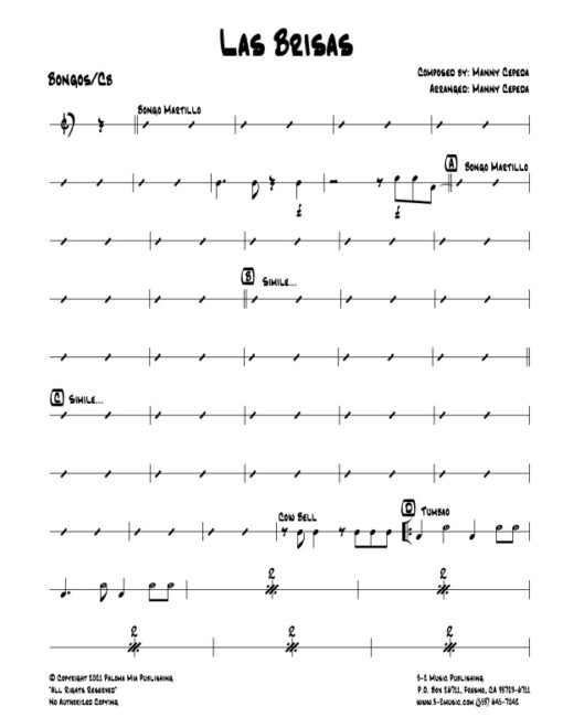 Las Brisas bongo (Download) Latin jazz printed sheet music www.3-2music.com composer and arranger Manny Cepeda little big band instrumentation