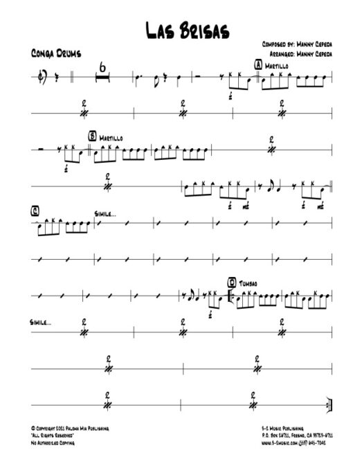 Las Brisas congas (Download) Latin jazz printed sheet music www.3-2music.com composer and arranger Manny Cepeda little big band instrumentation