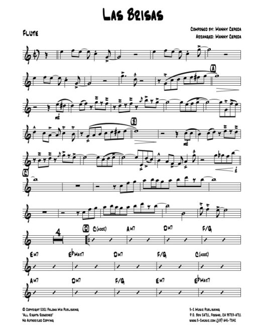 Las Brisas flute (Download) Latin jazz printed sheet music www.3-2music.com composer and arranger Manny Cepeda little big band instrumentation