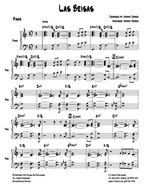 Las Brisas piano (Download) Latin jazz printed sheet music www.3-2music.com composer and arranger Manny Cepeda little big band instrumentation