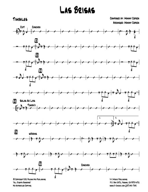 Las Brisas timbales (Download) Latin jazz printed sheet music www.3-2music.com composer and arranger Manny Cepeda little big band instrumentation