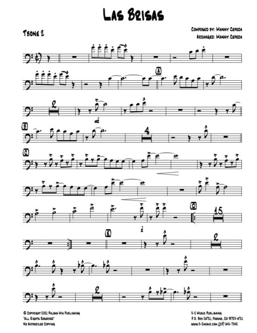 Las Brisas trombone 2 (Download) Latin jazz printed sheet music www.3-2music.com composer and arranger Manny Cepeda little big band instrumentation