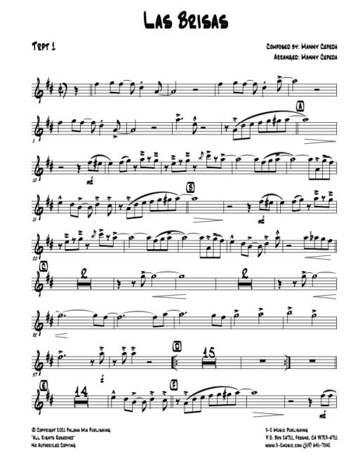 Las Brisas trumpet 1 (Download) Latin jazz printed sheet music www.3-2music.com composer and arranger Manny Cepeda little big band instrumentation