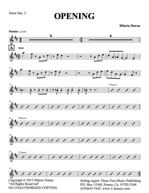 Opening tenor 2 (Download) Latin jazz printed sheet music www.3-2music.com composer and arranger Hilario Durán big band 4-4-5 instrumentation