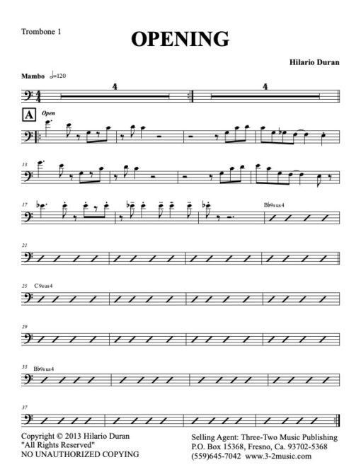 Opening trombone 1 (Download) Latin jazz printed sheet music www.3-2music.com composer and arranger Hilario Durán big band 4-4-5 instrumentation