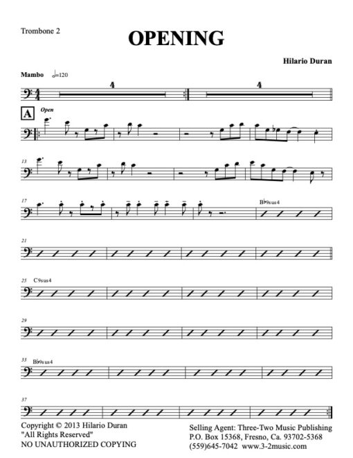 Opening trombone 2 (Download) Latin jazz printed sheet music www.3-2music.com composer and arranger Hilario Durán big band 4-4-5 instrumentation