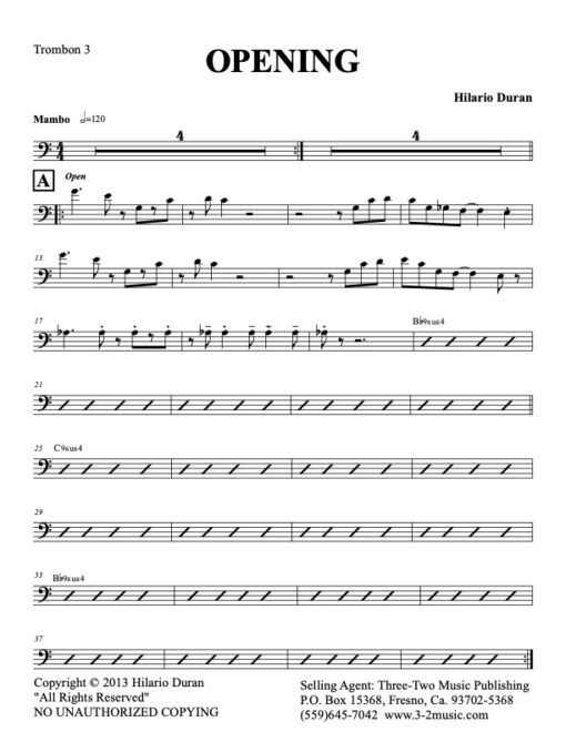 Opening trombone 3 (Download) Latin jazz printed sheet music www.3-2music.com composer and arranger Hilario Durán big band 4-4-5 instrumentation
