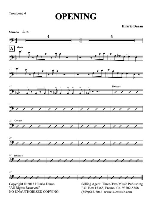 Opening trombone 4 (Download) Latin jazz printed sheet music www.3-2music.com composer and arranger Hilario Durán big band 4-4-5 instrumentation