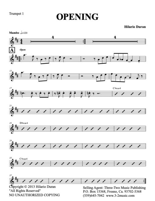 Opening trumpet 1 (Download) Latin jazz printed sheet music www.3-2music.com composer and arranger Hilario Durán big band 4-4-5 instrumentation