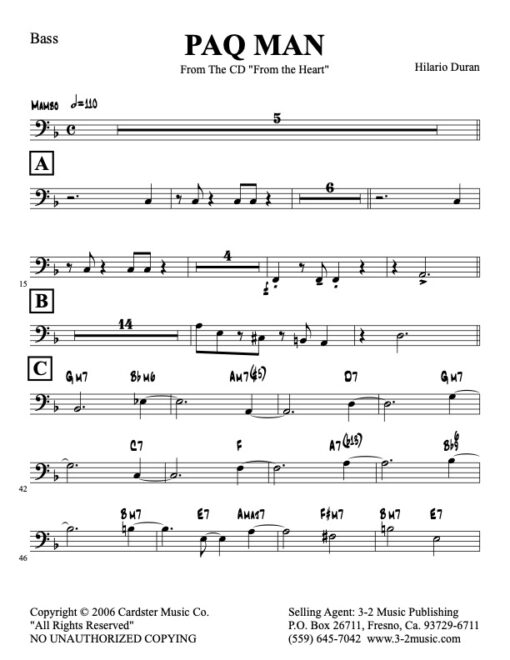 Paq Man bass (Download) Latin jazz printed sheet music www.3-2music.com composer and arranger Hilario Durán big band 4-4-5 instrumentation