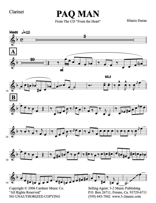 Paq Man clarinet (Download) Latin jazz printed sheet music www.3-2music.com composer and arranger Hilario Durán big band 4-4-5 instrumentation