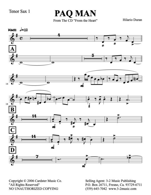 Paq Man tenor 1 (Download) Latin jazz printed sheet music www.3-2music.com composer and arranger Hilario Durán big band 4-4-5 instrumentation