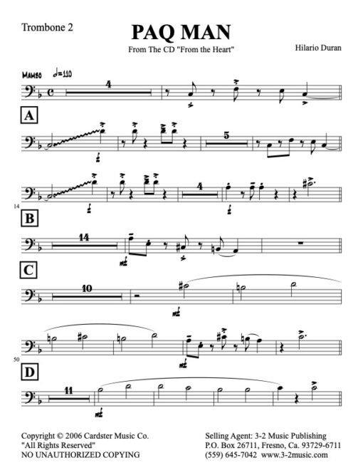 Paq Man trombone 2 (Download) Latin jazz printed sheet music www.3-2music.com composer and arranger Hilario Durán big band 4-4-5 instrumentation