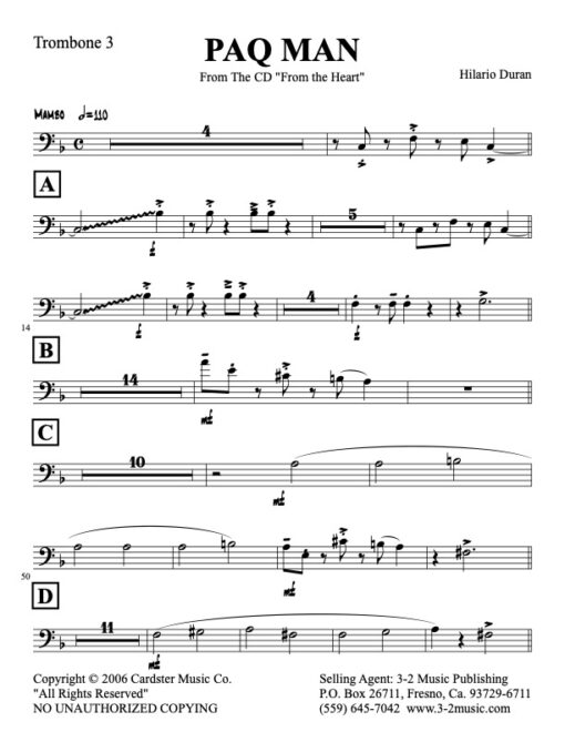 Paq Man trombone 3 (Download) Latin jazz printed sheet music www.3-2music.com composer and arranger Hilario Durán big band 4-4-5 instrumentation