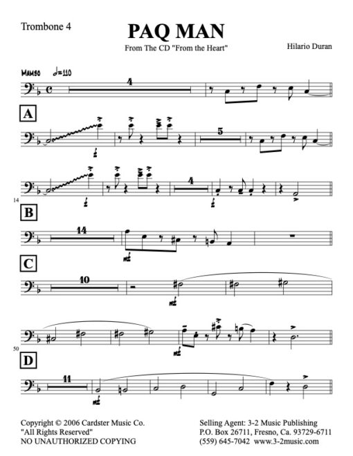 Paq Man trombone 4 (Download) Latin jazz printed sheet music www.3-2music.com composer and arranger Hilario Durán big band 4-4-5 instrumentation