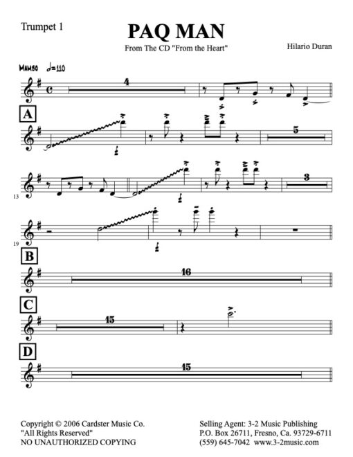 Paq Man trumpet 1 (Download) Latin jazz printed sheet music www.3-2music.com composer and arranger Hilario Durán big band 4-4-5 instrumentation