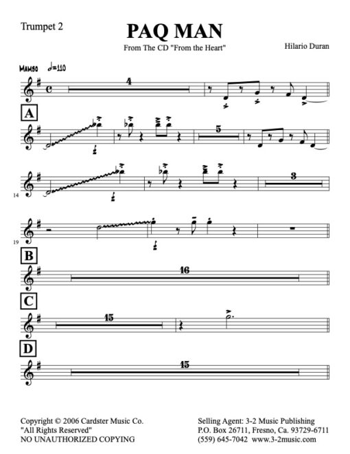 Paq Man trumpet 2 (Download) Latin jazz printed sheet music www.3-2music.com composer and arranger Hilario Durán big band 4-4-5 instrumentation